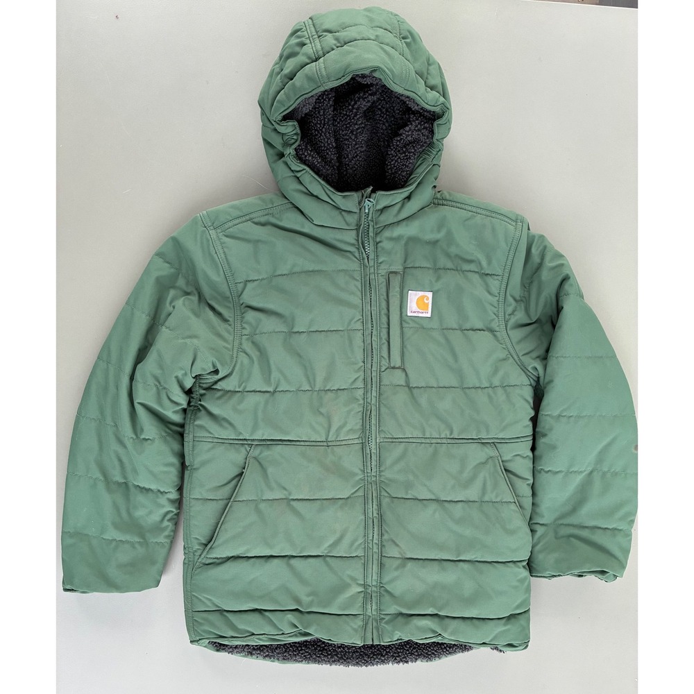 Carhartt Kids Green Sherpa Lined Hooded Puffer Jacket Size M 10-12